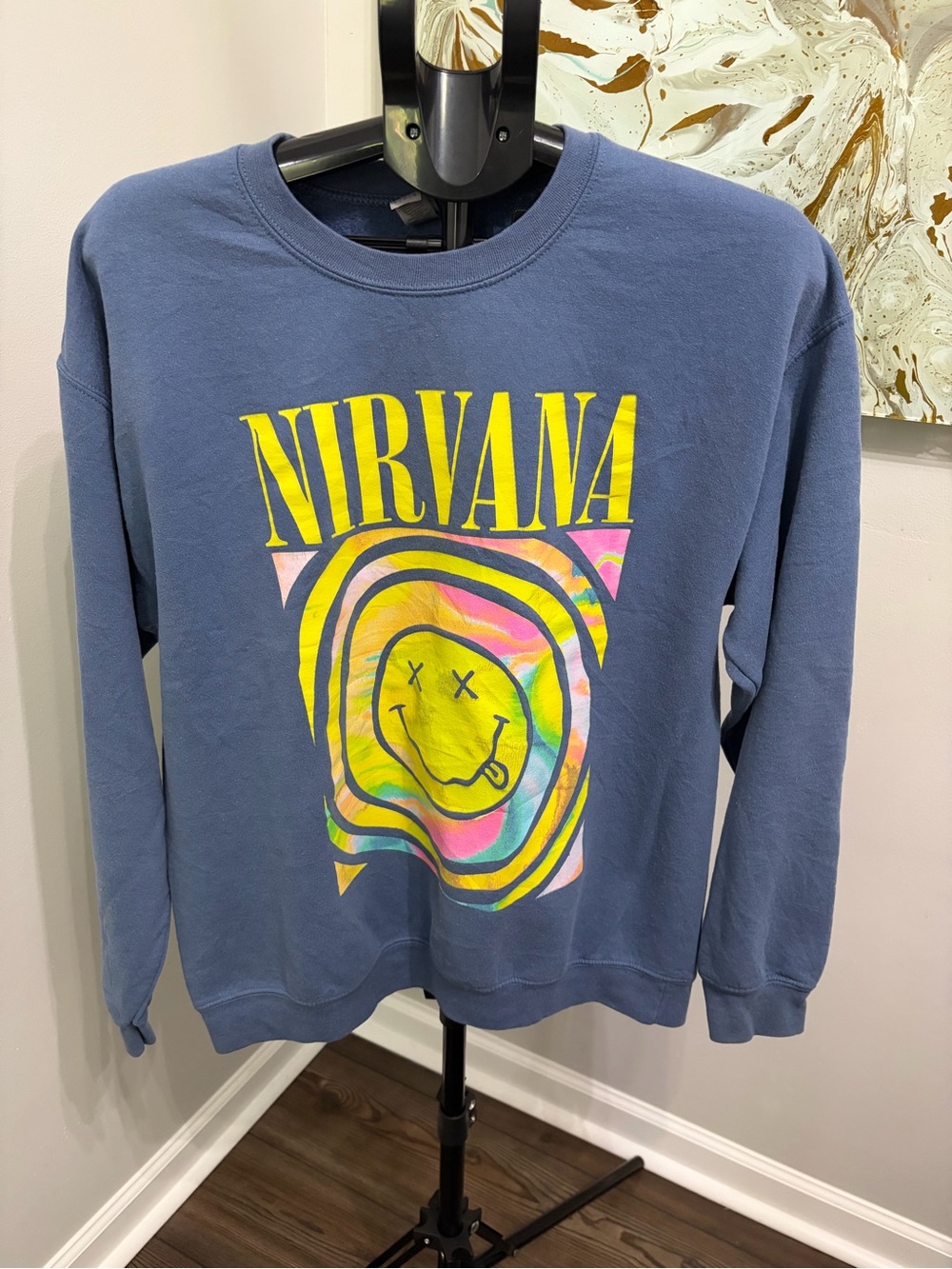 Gildan Blue Crewneck Sweatshirt with Yellow and Multicolor Graphic